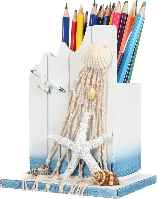ARTIBETTER 1pcs Wooden Pen Holder Pen Container Organizer Nautical Desk Decoration Makeup Brush Holder for Home Office (White)