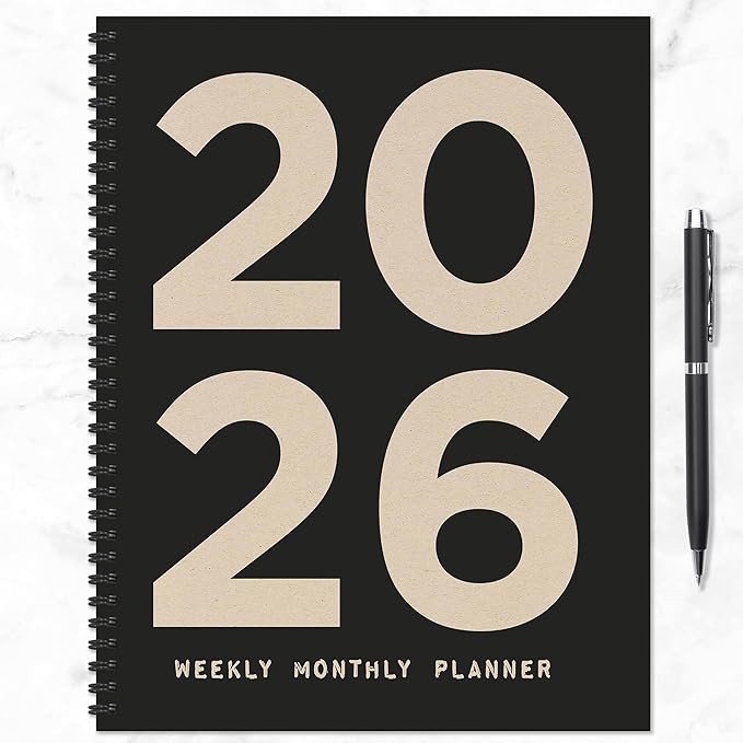 TF Publishing 2026 Burnt Black Large Weekly Monthly Planner with 12-Month Calendar Grid, Goals and Task Trackers, Priority List Section and Stickers - Large Planner for School or Work - 9in x 11in