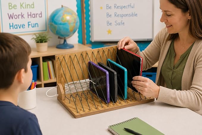Fun Express Wooden Storage Rack & Charging Station Organizer – Multi-Device Holder for Classroom, Office, or Home – School Supply Organizer for iPads, Tablets & Laptops – 14.5 x 11 x 7.5 Inches