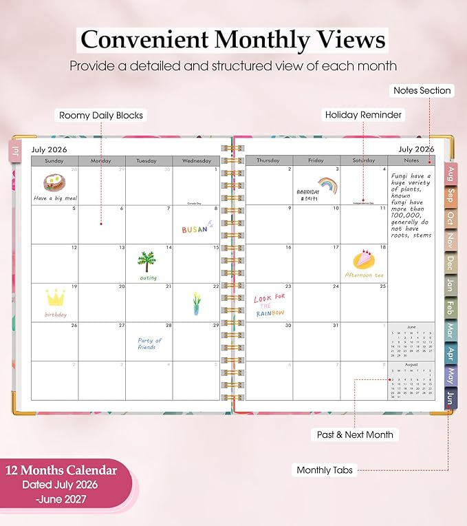 Academic Planner 2026-2027, Hardcover Leather Weekly and Monthly Calendar Planner from July 2026 - June 2027, A4 8.5" x 11" Daily Agenda with Tabs, College School Organizer for Student Teacher, Watercolor Blooms