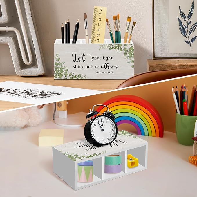 Green Eucalyptus Pen Pencil Holder for Desk, Sage Green Christian Office Desk Accessories Decor, Let your light shine before others Pen Holders Organizer for Home Classroom Bathroom