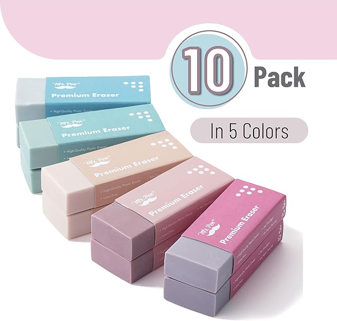 Mr. Pen- Pencil Eraser, 10 Pack, Large Latex Free Vinyl Block Erasers for School, Office, Art Sketching, Homework, Exams, Clean Smudge-Free Correction, Morandi Colors