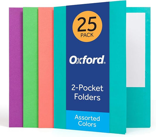 Oxford 2 Pocket Folders, 25 Pack, Assorted Tropical Colors, Made in the USA, Fits 100 Letter Size (8.5" x 11") Sheets, Durable Paper Folders for School, Home, and Office
