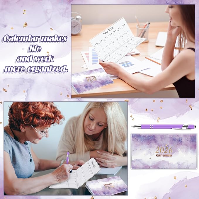 Gueevin 2026 Pocket Calendar for Purse with Pen Small Pocket Planner Handy Weekly Monthly Planner Journal Writing Notebook Valentine New Year Gift Sister Friend Women(Watercolor,Purple)