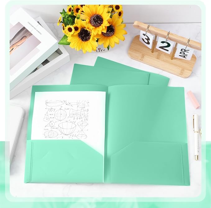 Gueevin 100 Pack Plastic Folder with Pockets, 2 Pocket Folders, Plastic Glossy Folders Fit Letter Size Paper, Heavy Duty Durable File Folder with Business Card for Home Office School (Light Green)