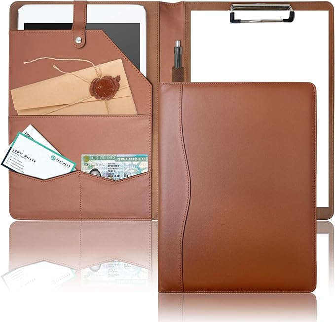 Padfolio Portfolio Binder, Leather Clipboard Folder Briefcase Loose-Leaf Binder with Cover Brown Folder with Pockets Resume Folder for Business Office Meeting Men Women's Business (A4, Brown)