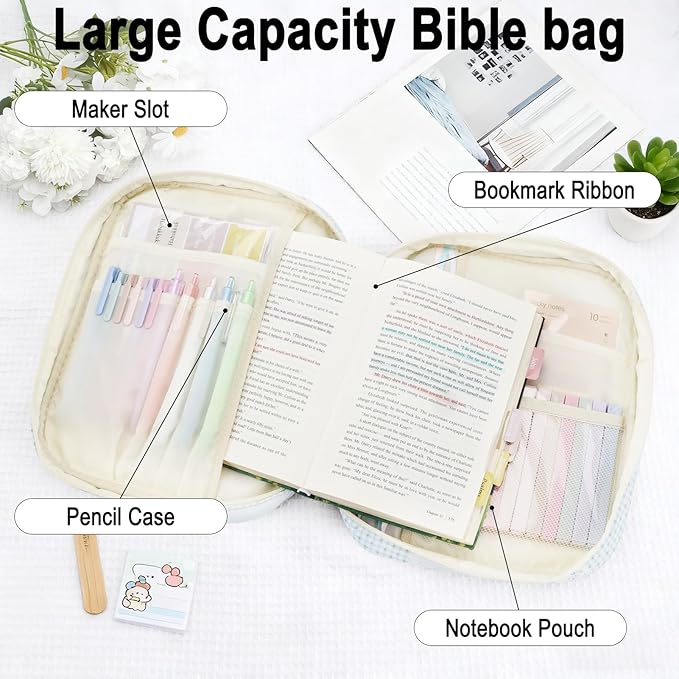 Bible Cover Case Study Supplies for Women Gifts Large Bible Cover with Highlighters Pens Tabs Cute Quilted Carrying Case Journal Kit Accessories Christian Gifts Sticky Notes D