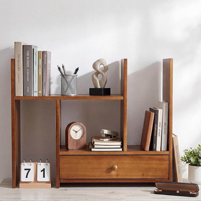 Nuanchu Desk Shelves Desktop Organizer Shelf with Drawer Rustic Office Organization Adjustable Detachable Table Top Shelving Small Hutch Corner Bookshelf for Office Home School