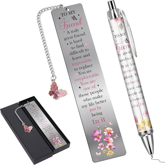 Friends Inspirational Metal Bookmark - 2 Pcs Best Friend Book Marks Friendship Charm Flowers Page Markers with Pen Butterfly Pendant for Reading Lovers Women Birthday Gifts Accessories