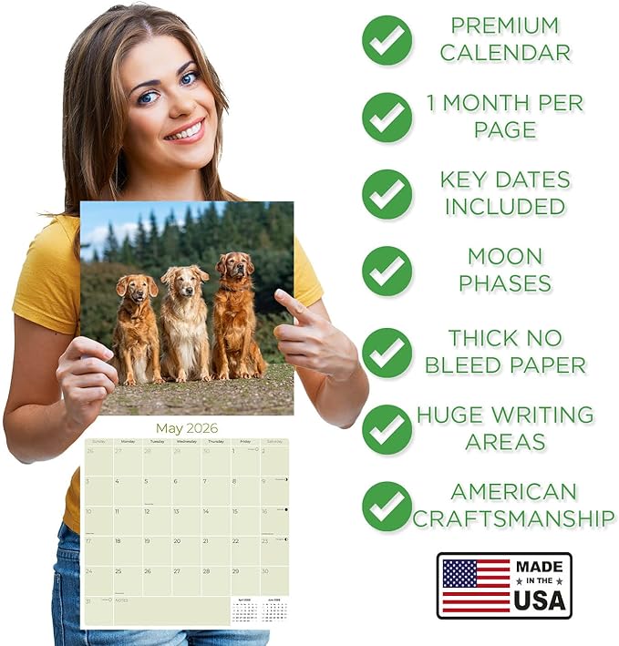 Golden Retriever Calendar 2026 – 16-Month Dog Breed Wall Calendar by MegaCalendars – Large Daily Blocks, Thick No-Bleed Paper, Made in USA