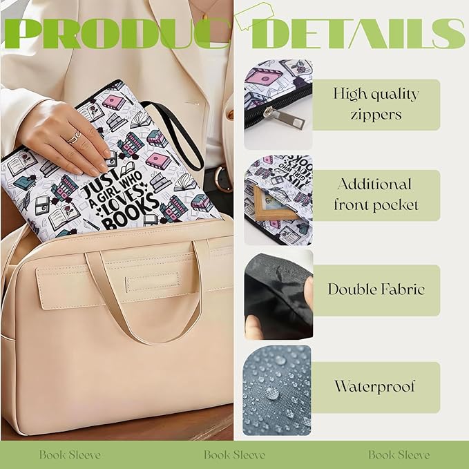Book Sleeve with Zipper, Book Protector Pouch for Book Lovers, Fabric Book Cover with Front Pocket for Hardcover & Paperback, Travel Case Reading Accessories, Graduation Gift Bookish Gifts