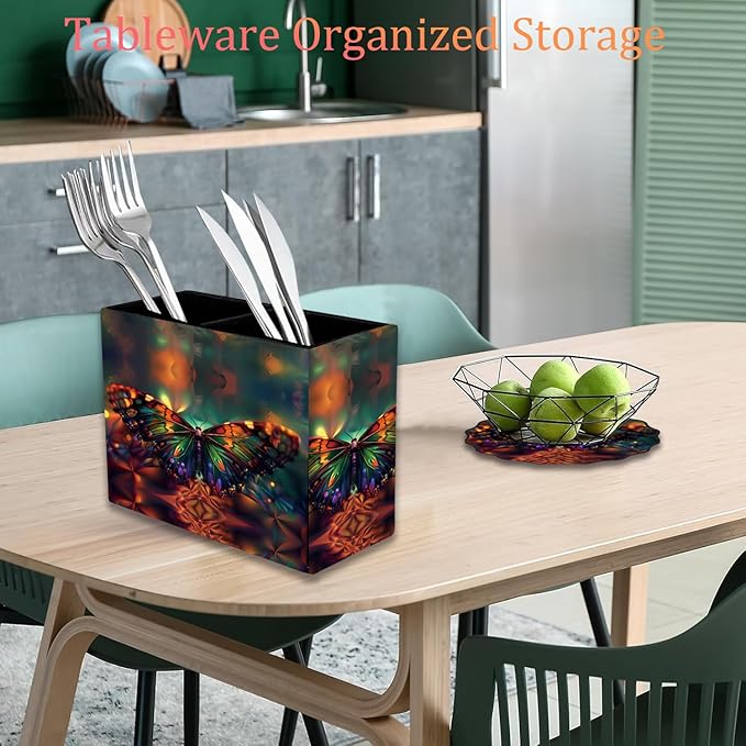 Pen Holder and Anti-Slip Mouse Pad Combination, Makeup Brush Storage Box, Tableware Storage Box, Suitable for Office and Home - Psychedelic Butterfly