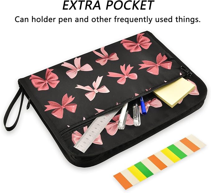 Expanding File Folder Pink Red Bow Black Accordion File Organizer 13 Pockets Document Organizer with Zipper Labels A4 Letter Office Storage