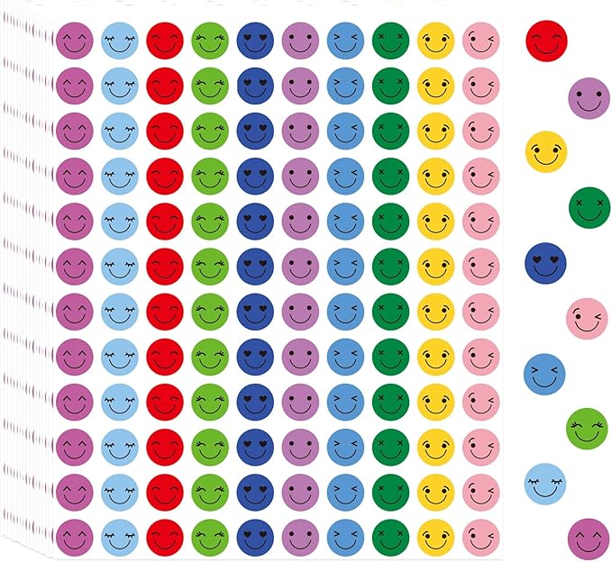 6000 Pcs Happy Smiley Face Stickers for Kids Reward,0.4 inch 10 Colors Mini Round Colorful Reward Labels,10 Styles Happy Face Stickers for School Reward Behavior Chart Students Teacher Supplies