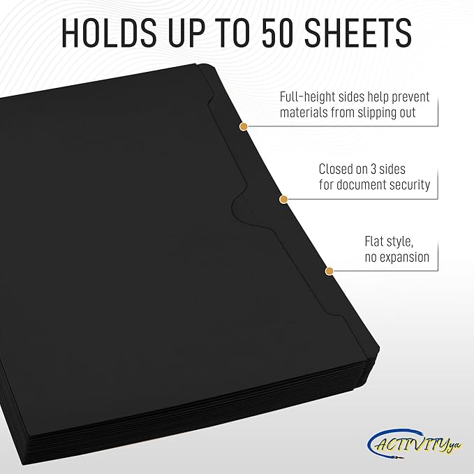 Black File Jackets, Flat-No Expansion, Letter Size, Reinforced Straight-Cut Tab, 10 Pack