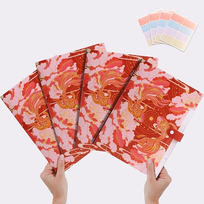 Cute File Folders, Expanding File Folders with 32 Labels, 5 Pocket File Organizer, Accordion File Organizer Letter Size for School, Office and Home - Lucky Koi Red Style Set of 4