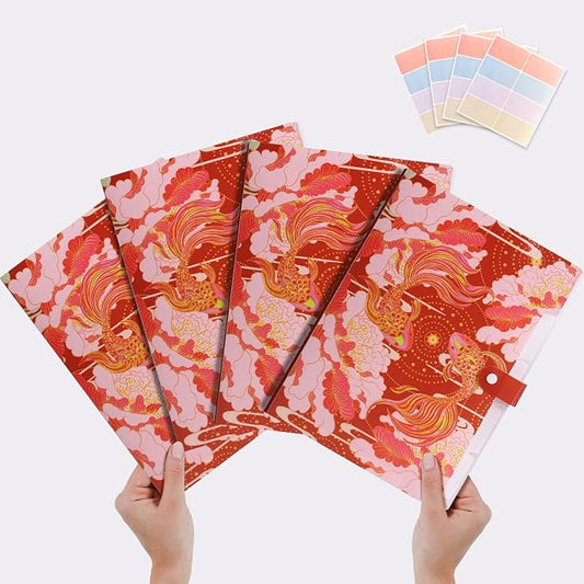 Cute File Folders, Expanding File Folders with 32 Labels, 5 Pocket File Organizer, Accordion File Organizer Letter Size for School, Office and Home - Lucky Koi Red Style Set of 4