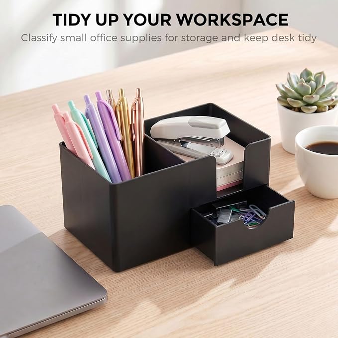 SKYDUE Small Desk Organizer with Drawer | 3 Compartments, Desk Pen Holder, For Home, School, Classroom & Office