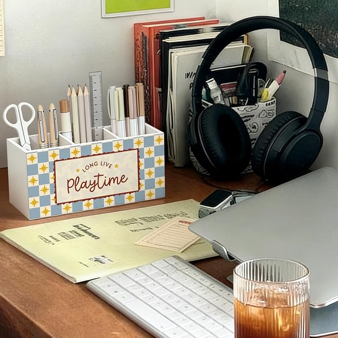 Kids Playroom Pen Pencil Holder for Desk, Playroom Decor, Long Live Playtime Wooden Box Sign Decorations for Kids Boys Girls Room Bedroom Playroom Classroom Desk Tabletop