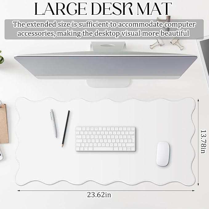Hahafelt Scalloped Desk Mat Large Desk Pad Cute Coquette Table Mat Back to School Preppy Table Make up Pad Nonslip Graduation Gift with Stitching Waterproof Gaming(White,23.6 x 13.8 Inches)