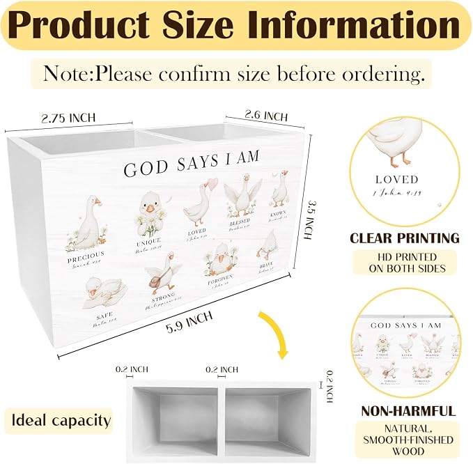 Inspirational Christian Goose Pen Holder for Desk, God Says I Am Bible Verse Pencil Organizer, Cute Goose Religious Wooden Box Sign Desk Decor for Nursery Home Office Decoration