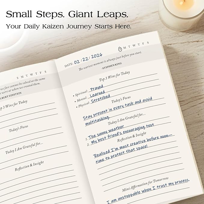 The Kaizen Journal for Self Improvement – Undated Daily Planner & Habit Tracker for Men & Women, Productivity, Focus & Mental Health – 24-Week Goal Planner with Gift-Ready Box, Two Colors (Original Linen)