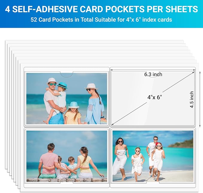 MaxGear 4" x 6" Index Card Holder, 52 Pack Labels for Storage Bins, Clear Adhesive Pockets with Top Open Loading, Plastic Label Holders Tote Bag Labels Stickers for Organizing Library Card Shelves