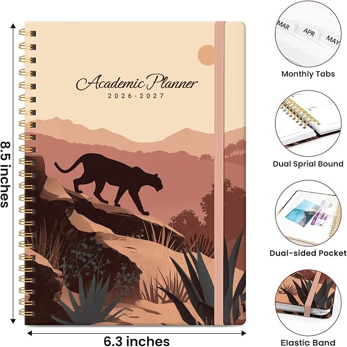 Planner 2026–2027, Academic Planner Weekly and Monthly Calendar Jul 2026 – Jun 2027 Hardcover Planner with Tabs and Pocket, Spiral Bound Agenda Book for Student & Teacher, 6.3" x 8.5", Desert Panther