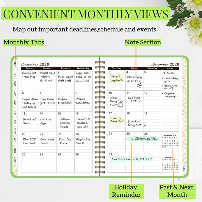 Planner 2026 For Women Men,Monthly and Weekly Agenda Calendar Planner,Jan 2026 to Dec 2026 A5 (6.3" x 8.5"),Teacher Student Hard Cover Daily Planning Book with Tabs,for Office School Home,Green