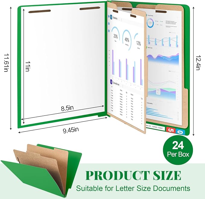 24 Pcs Classification Folders Letter Size, 2 Dividers Pressboard File Folder Bulk with Fasteners, Expanding File Organizer for Teachers, Clergy, Office, Church Christmas Donations(Green)