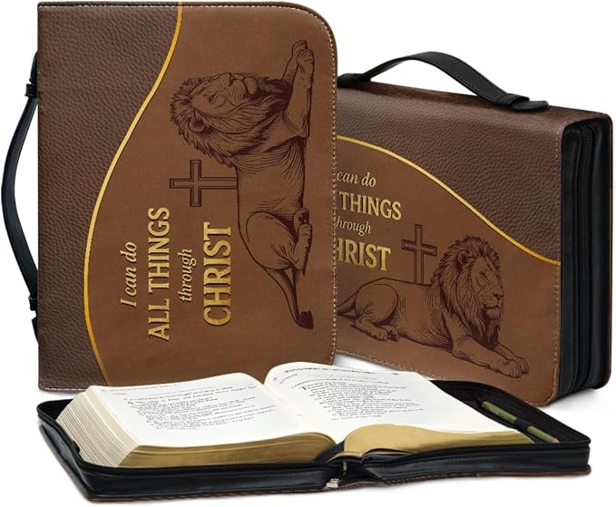 Vintage Style Cross Bible Case with Bookmark Waterproof Bible Cover Case for Women Lightweight Bible Bag with Handle Pockets Church Book Bag Brown