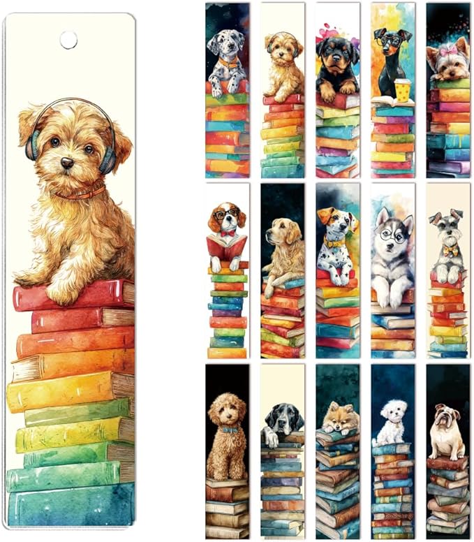 Peacoblue 30pcs UV DTF Bookmarks Transfer Stickers Wraps Dog and Stack of Books for Women Men Reading, Waterproof Bookmarkers Decal(No Blank Bookmarks) for Acrylic Plastic Metal Blank Bookmark