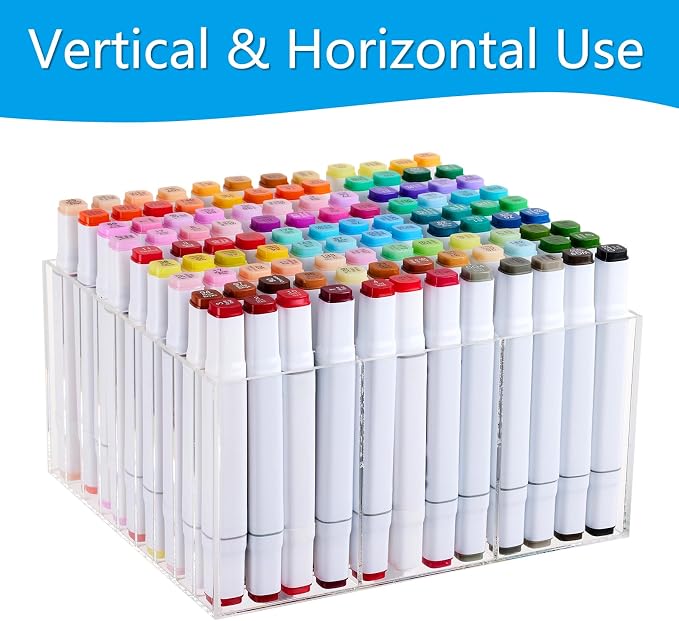 Acrylic Marker Organizer for 108 Markers, Large Capacity Alcohol Marker Storage Rack for Desk, Horizontal Pens Pencils Holder Art Organizer with 27 Compartments for Classroom Office