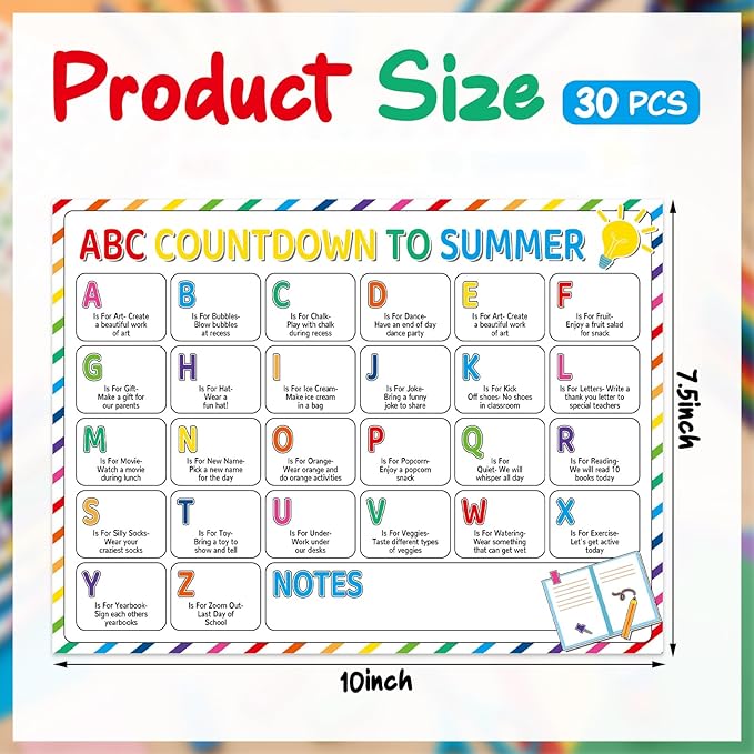 Gueevin 30 Pcs Editable ABC Countdown to Summer End of The Year Summer Calendar Classroom Bulletin Board Decoration for Home Office School Wall Door Party Decor