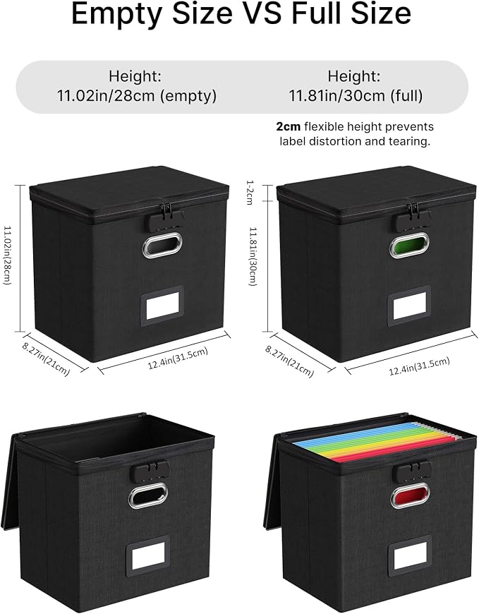 Oterri File Organizer Boxes with Lids, File Box with Mesh Pockets for Letter Size Folders, Lockable Zippers Filing Box for Home,Office, School (Black, Small-L-1 Pack Without Folders)