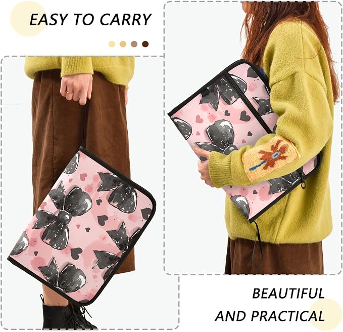 Expanding File Folder Black Bow Heart Pink Accordion File Organizer 13 Pockets Document Organizer with Zipper Labels A4 Letter Office Storage