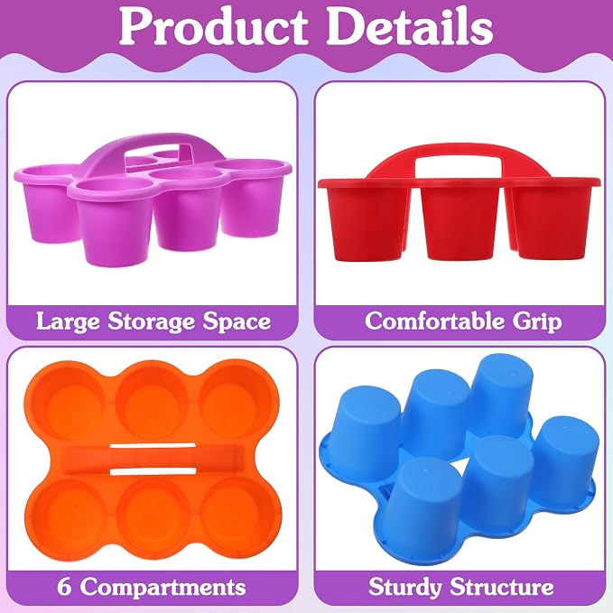 6 Pack Classroom Caddy Storage Basket with Handle, 6 Compartment Cup Holder Organizer, for Supplies, Pencil, Crafts, Office, Drinks, Muti Colors