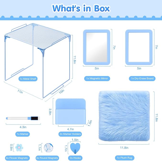MoKo 17PCS Locker Accessories for Girls, Cute Locker Accessories Kit with Mesh Shelf, Magnetic Dry Erase Board, Mirror, Marker Holder, Marker, Plush Rug, Magnets, Lockers Decor for School/Work, Blue