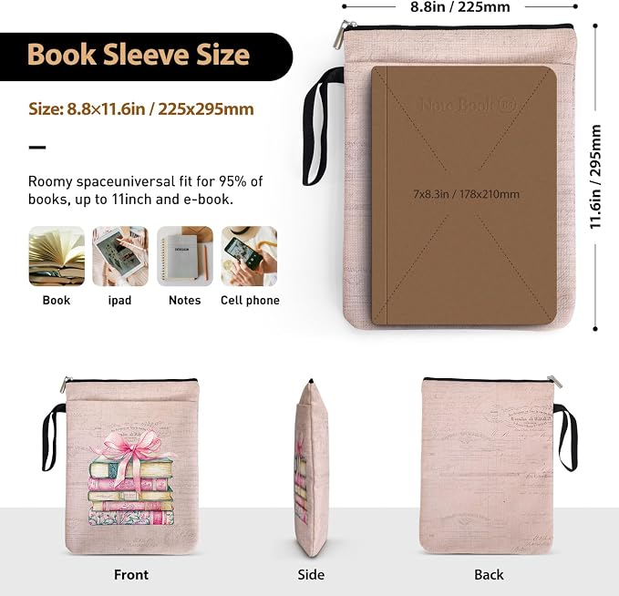 Romantic Reading Accessory Book Sleeve for Women Teen Reader, Pink Bow & Vintage Book Cover Gifts for Book Lovers with Zipper and Handle