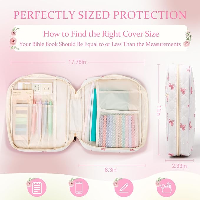 Bible Cover Case for Women Large Quilted Bible Carrying Bag with Handles Bible Study Supplies & Accessories Christian Gifts for Women(Pink Bow, M)