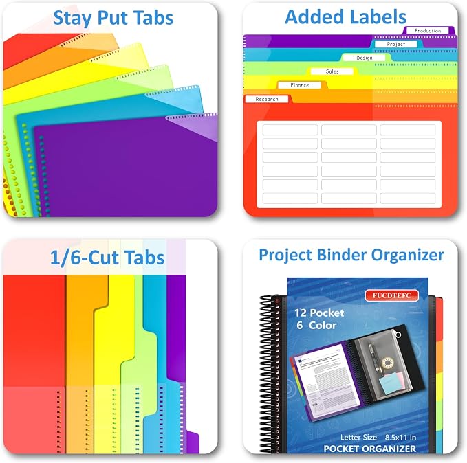 12 Pocket Project Organizer, 6 Color Letter Size Spiral Multi Pocket Folder Organizer, 1/6-cut Tab Poly File Organizer Binder with Dividers,Multi-Subject Binder Notebook School Office Supplies