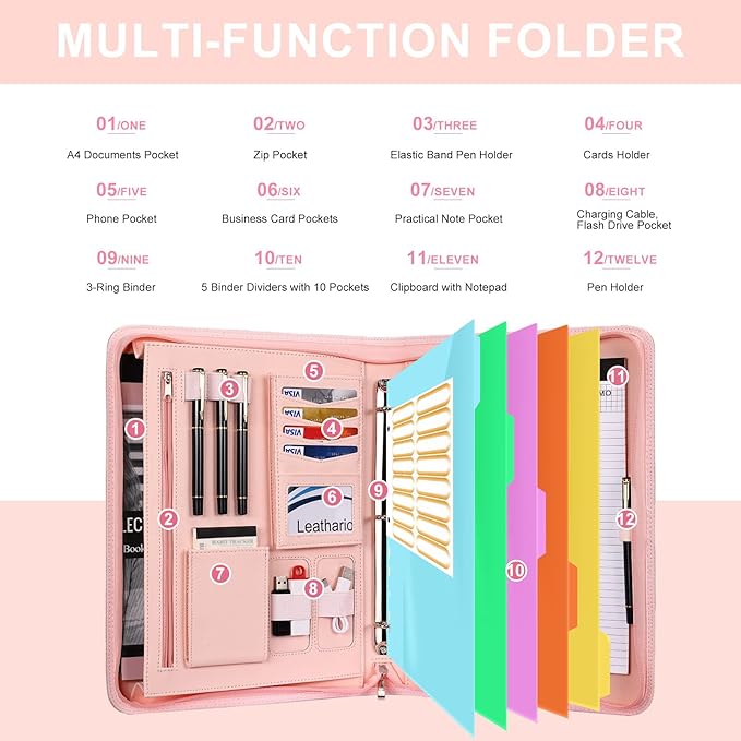 Leathario Portfolio Binder, Includes 5 Folder Index Dividers, 13 Inch Tablets Organizer with Handle, Vegan Leather A4 Padfolio, Multi-Pocket Notepad Business Planner Professional Document