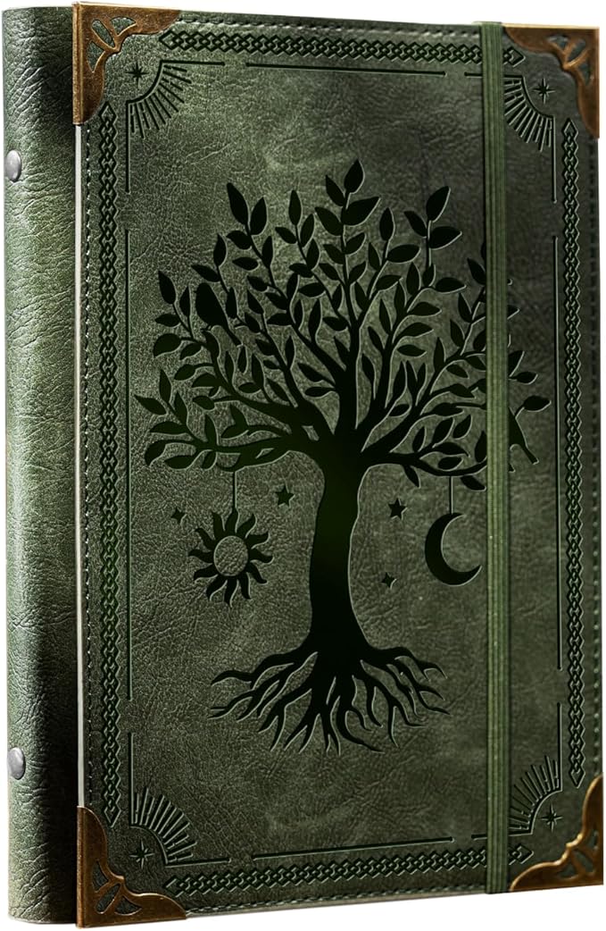 Ovesmusl PU Leather A6 Binder 6 Ring Mini Loose Leaf Binder 5.5”x7.5” No Inserts A6 Planner Binder Leather Cover Refillable Journal Cover, Green Tree