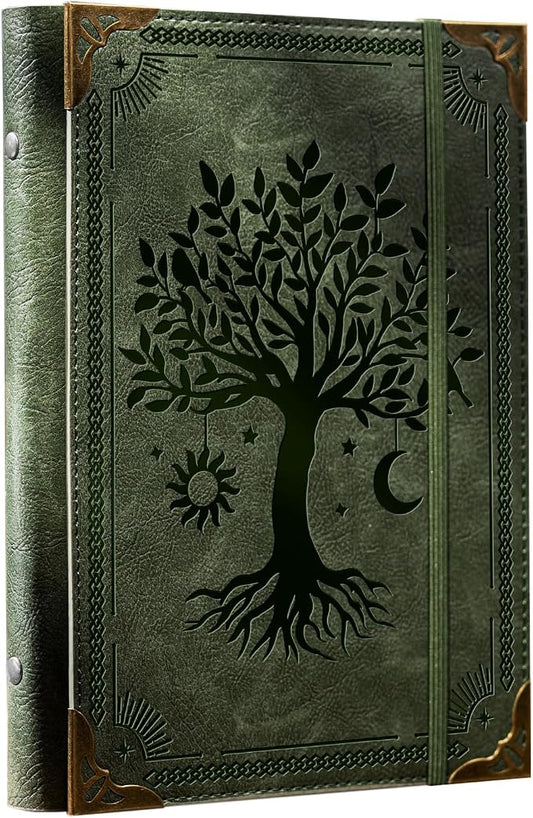 Ovesmusl PU Leather A6 Binder 6 Ring Mini Loose Leaf Binder 5.5”x7.5” No Inserts A6 Planner Binder Leather Cover Refillable Journal Cover, Green Tree