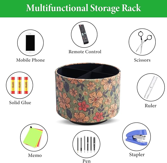 Round Leather Art Supply Organizer,Remote Control Holder,360 Degree Spinning,Multi-Functional Pencil Holder,4 Compartments Desktop Stationary Organizer(1-Wood Leather Green)
