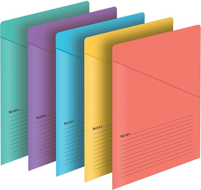 Better Office Products Lined Vertical Slash Pocket File Folders, 25 Pack, 5 Assorted Colors, Letter Size Slash File Jacket with Notes on Front & Back, Half Pocket File Folders