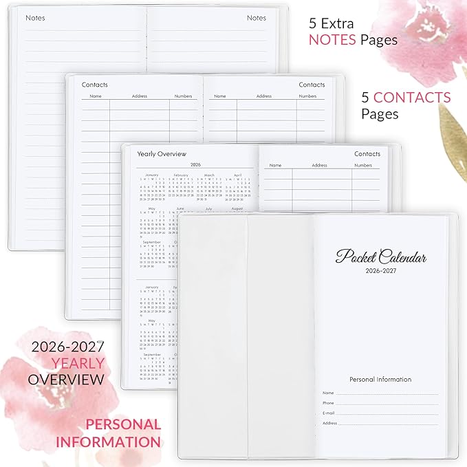 Pocket Calendar 2026-2027, Floral Pocket Calendar -3.7" x 6.7" - Runs from January 2026 until December 2027, Calendar Planner for Purse with PVC Cover for Planning, Organizing and Office