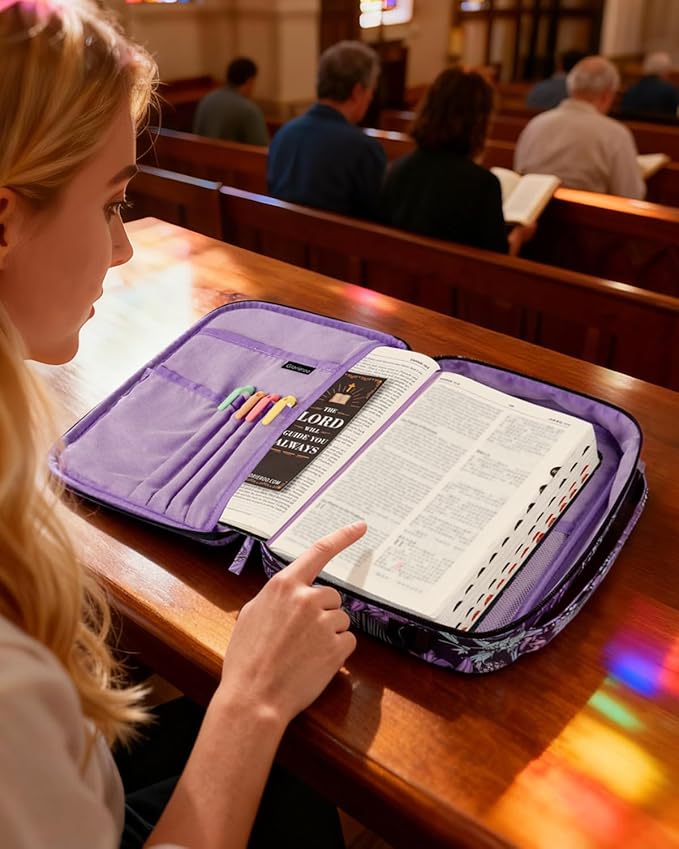 Bible Cover for Women, Large Vegan Leather Bible Case with Shoulder Strap, Mothers Day Christian Gifts for Mom & Wife, Planner Case (Purple)