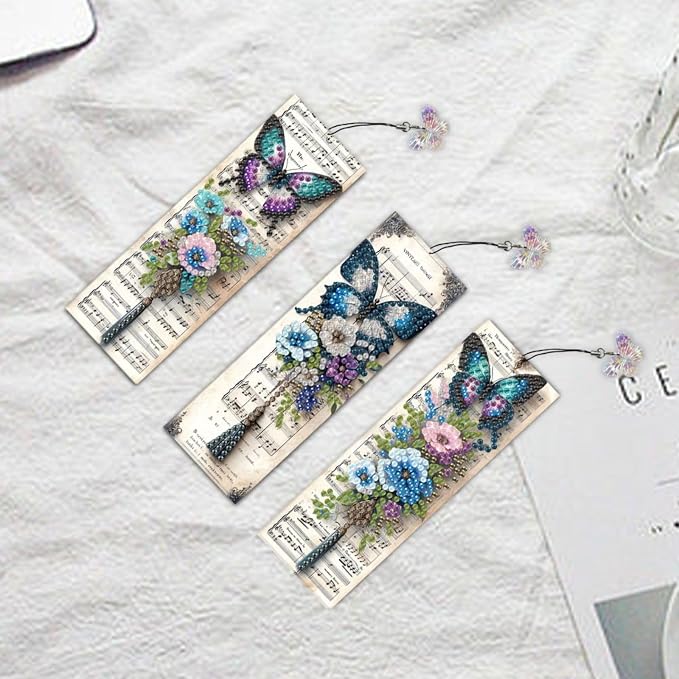 ARTopet 3Pcs DIY Diamond Art Painting Bookmarks with Colorful Butterfly Pendant PET Bookmark Ornament Double Sided Pattern Single Sided Diamond Book Marker Clip Gifts Tags-Butterfly04