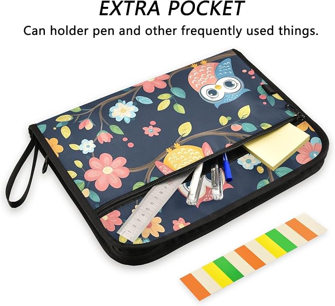 Colorful Owls Expanding File Folder with Sticky Labels, 13 Pockets Accordion File Folder Document Organizer Expandable Zip File Folder with Zipper Closure